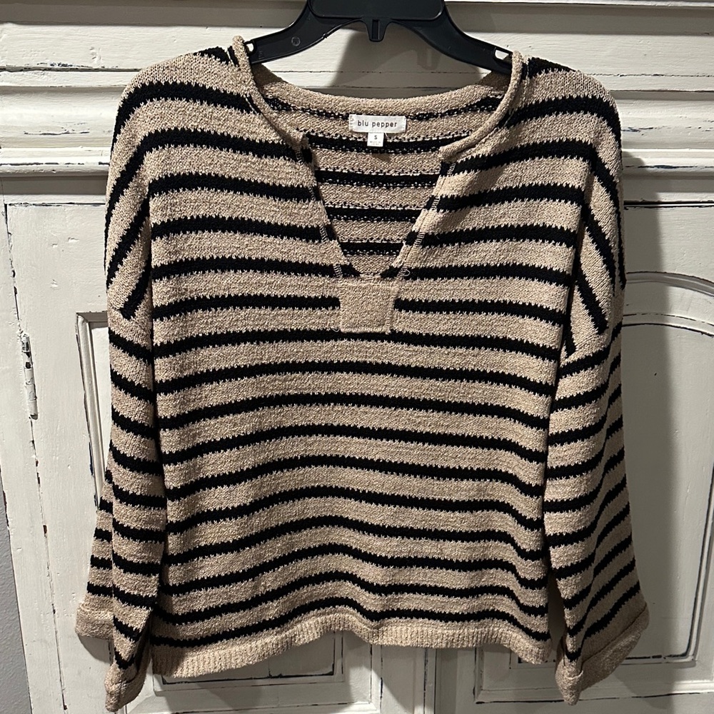 Blu Pepper V-Neck Striped Sweater - Black and Tan